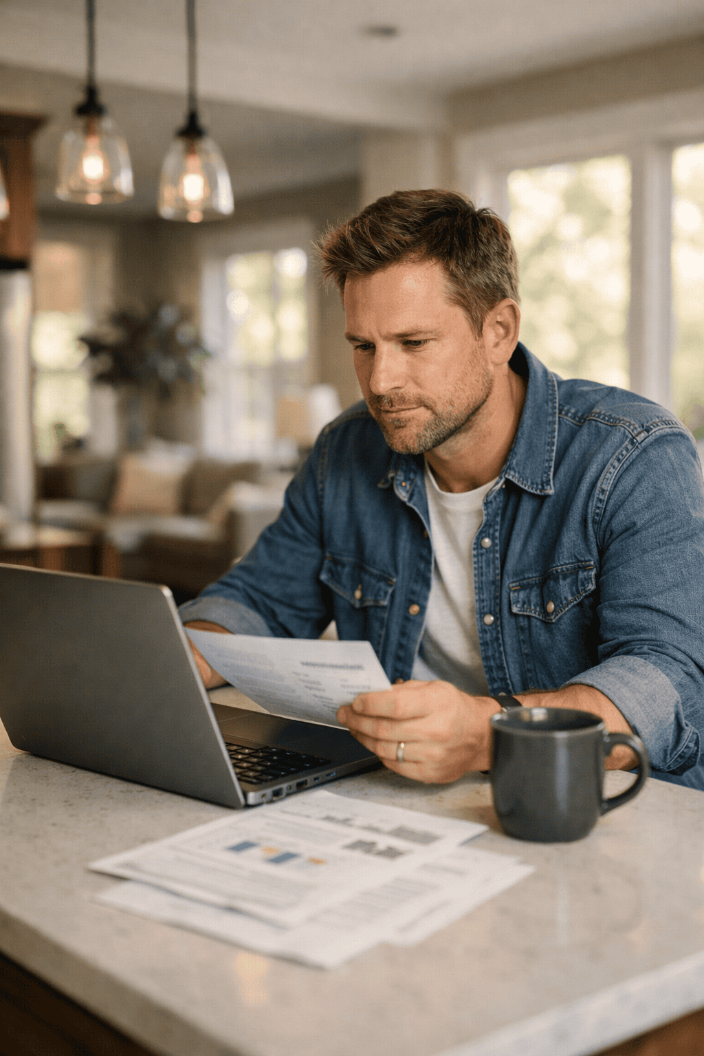 man Reviewing finances on laptop.