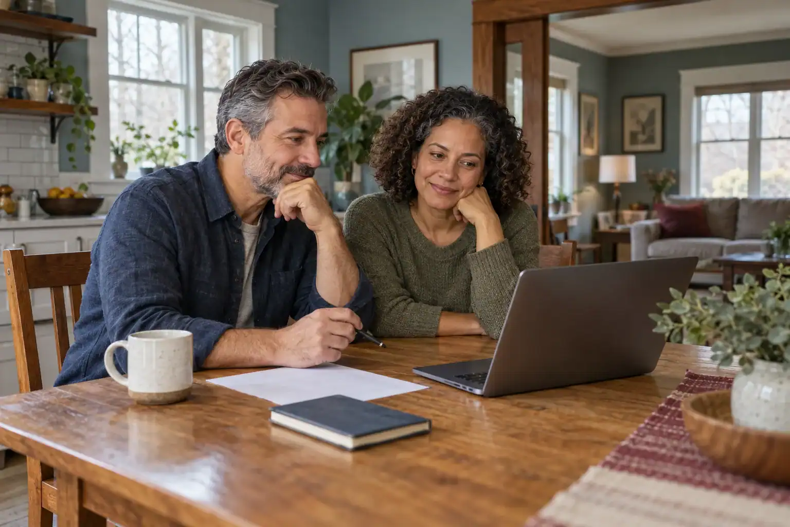 Illustrative homeowners calmly considering their household finances at home