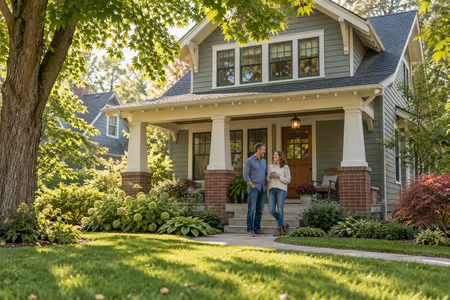 Illustrative Michigan homeowners outside a welcoming craftsman house